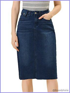 High Waist Midi Denim Jean Skirt Raw Hem A-Line Flared Casual